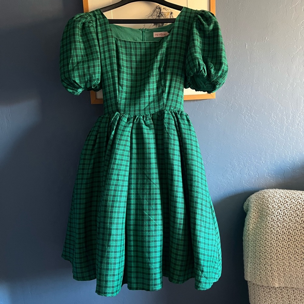 Ivy City Co Green Plaid Puff Sleeve Dress